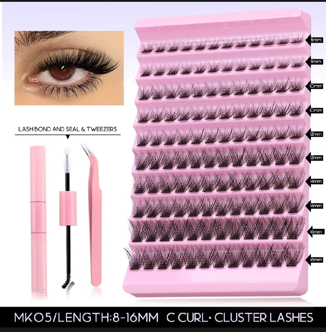 Eyelash Extension kit,Lash Cluster kit waterproof Strong Hold Eyelash Bond, Eyelash Remover and Tweezer (200 Clusters).