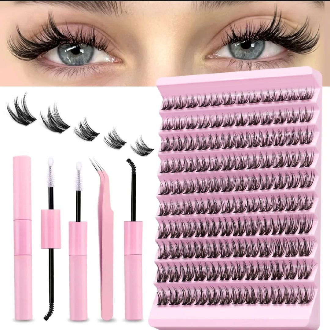 Eyelash Extension kit,Lash Cluster kit waterproof Strong Hold Eyelash Bond, Eyelash Remover and Tweezer (200 Clusters).